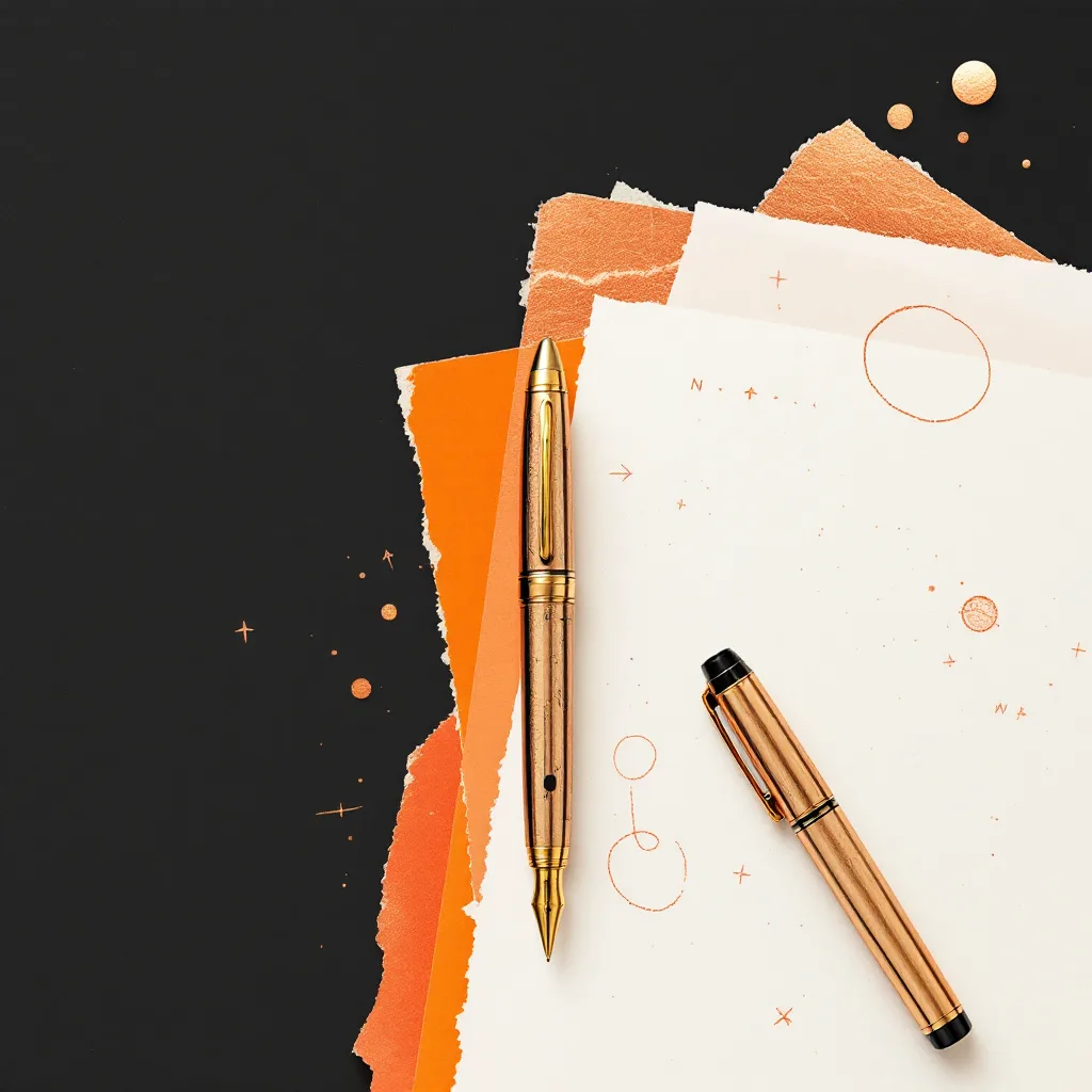 Collage of a brass fountain pen on marked-up grant application pages with hand-drawn copper marks